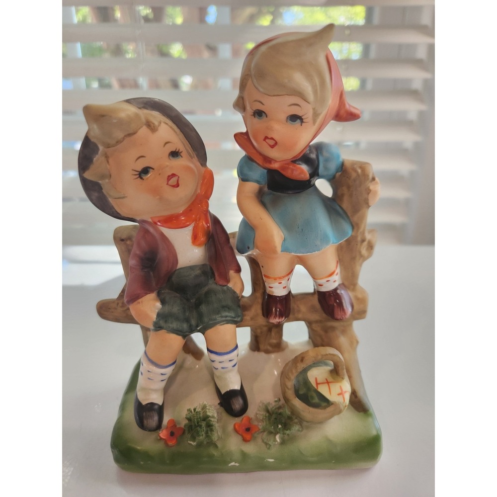 Vintage Lipper & Mann Japan Ceramic Figurine Boy and Girl on Fence 15/63